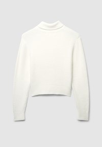 Maglione bianco corto con superficie texturizzata, collo alto e maniche lunghe. Design semplice, tessuto morbido, ideale per essere indossato a strati.