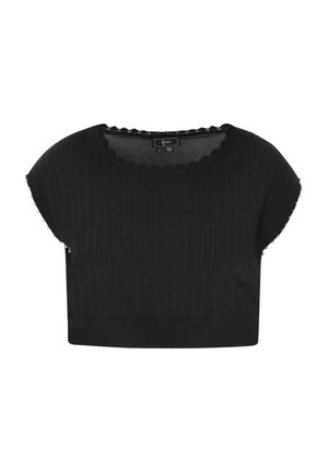Black knitted crop top featuring a ribbed texture, scalloped neckline, and beaded accents on short sleeves.