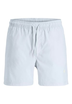 Shorts de bain pour hommes bleu clair avec taille élastique et cordon de serrage, longueur mi-cuisse, tissu lisse et logo latéral discret.