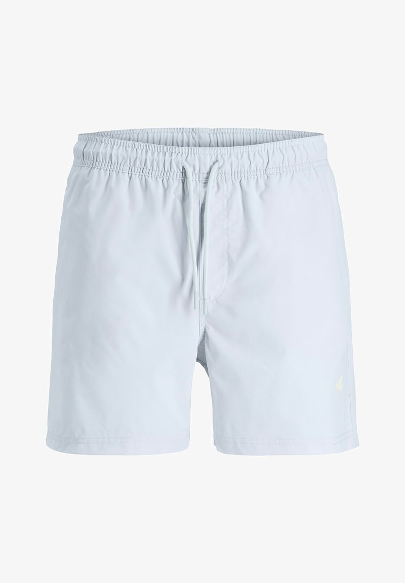 Shorts de bain pour hommes bleu clair avec taille élastique et cordon de serrage, longueur mi-cuisse, tissu lisse et logo latéral discret.