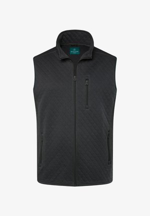 Czarna pikowana kamizelka z wysokim kołnierzem, pełnym zamkiem z przodu oraz dwoma kieszeniami zapinanymi na zamek; gładka tekstura, nowoczesny design i minimalistyczne akcenty.