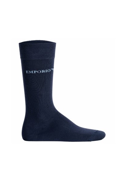 Chaussette bleu marine mi-mollet avec bord-côtes et logo blanc "EMPORIO" sur le dessus.