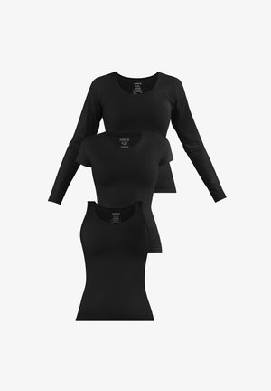Three black women's tops stacked vertically: long-sleeve, short-sleeve, and sleeveless tank, all with round necklines.