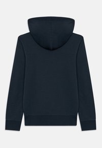 Felpa con cappuccio di un blu scuro, realizzata in materiale morbido, con cappuccio, maniche lunghe e polsini e orlo a coste. Design semplice senza motivi visibili.