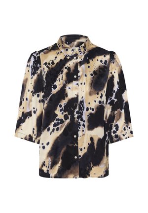Chemise à boutons avec des manches jusqu'aux coudes, présentant un motif abstrait tacheté noir, beige et blanc.