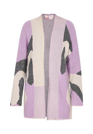 Cardigan tricotat în lavandă, crem și negru. Prezintă modele abstracte, deschidere frontală și mâneci lungi. Material texturat cu cusături variate.