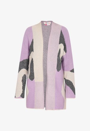 Strickjacke in Lavendel, Creme und Schwarz. Mit abstrakten Mustern, offenem Vorderteil und langen Ärmeln. Strukturierter Stoff mit wechselnden Stichen.