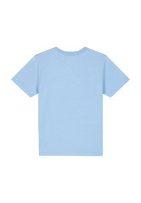 T-shirt bleu clair à manches courtes avec un col rond et une texture de tissu lisse et doux. Aucun motif ni accent visible.