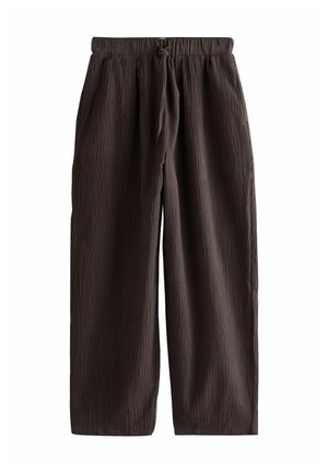 Braune strukturierte lockere Hose mit elastischem Bund und Kordelzug, mit Seitentaschen und geraden Beinen.