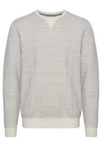 Lys grå genser med pullover-stil som har et teksturert strikkemønster, V-hals design, og ribbede mansjetter og hem for en tett passform.