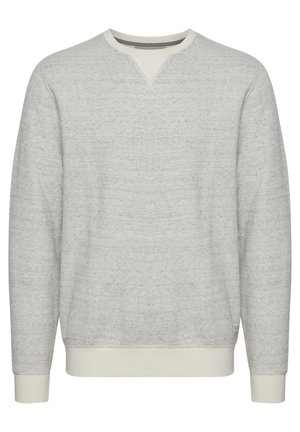 Lys grå pullover sweatshirt med et tekstureret strikkemønster, V-halsdesign og ribbede manchetter og kant for en tætsiddende pasform.