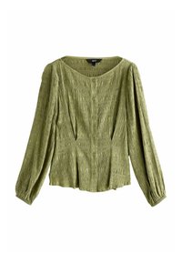 Vihreä teksturoitu pusero, jossa on pitkät puffhihat, napitus edessä ja leveä pääntie. Ominaisuuksiin kuuluu laskoskuvio ja pehmeä kangas.