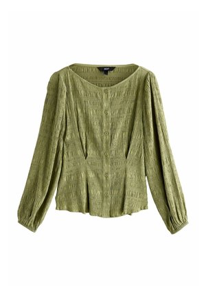 Green textured blouse with long puff sleeves, button front, and a wide neckline. Features a pleated design and soft fabric.