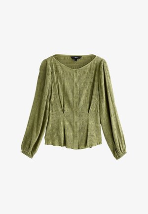 Zelená textúrovaná blúzka s dlhými nafúknutými rukávmi, zapínaním na gombíky vpredu a širokým výstrihom. Obsahuje plisovaný dizajn a mäkkú látku.