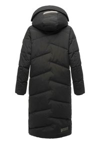 Long black puffer coat with a chevron pattern, a hood, and a logo patch near the hem. Smooth texture and knee-length design.