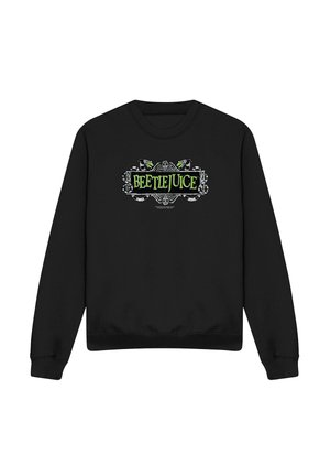 Black long-sleeve sweatshirt with a green and white "Beetlejuice" logo centered, framed by decorative gothic patterns and two small green-faced figures.