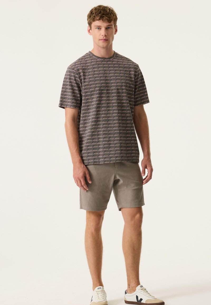 Kurzärmeliges, gemustertes T-Shirt in Dunkelgrau mit dünnen, mehrfarbigen horizontalen Streifen; kombiniert mit hellgrauen Shorts und weißen Turnschuhen.