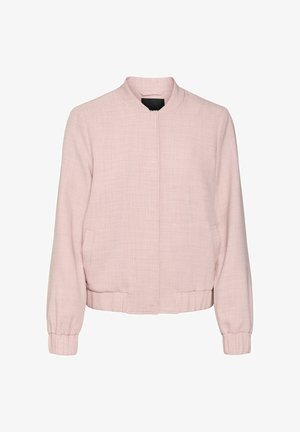 Giubbotto bomber rosa chiaro realizzato in tessuto testurizzato, con colletto rotondo, maniche lunghe, due tasche laterali e orlo a coste.