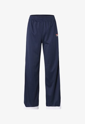 Navy blue wide-leg pants with vertical stripes, elastic waistband, white cuffs, and a small red, white, and black logo on the upper left leg.