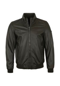 Schwarze Leder-Bomberjacke mit hohem Kragen, Reißverschluss, seitlichen Taschen und gerippten Bündchen. Glatte Textur, taillierte Passform.