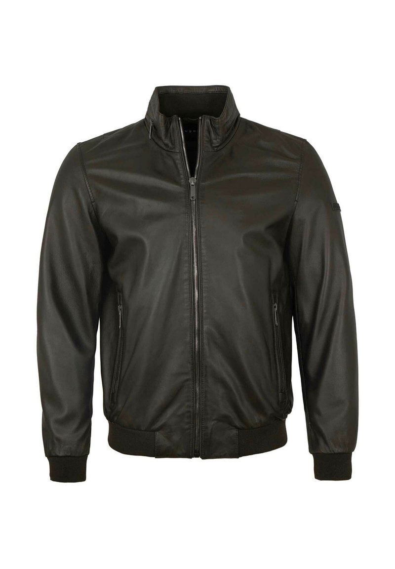Schwarze Leder-Bomberjacke mit hohem Kragen, Reißverschluss, seitlichen Taschen und gerippten Bündchen. Glatte Textur, taillierte Passform.