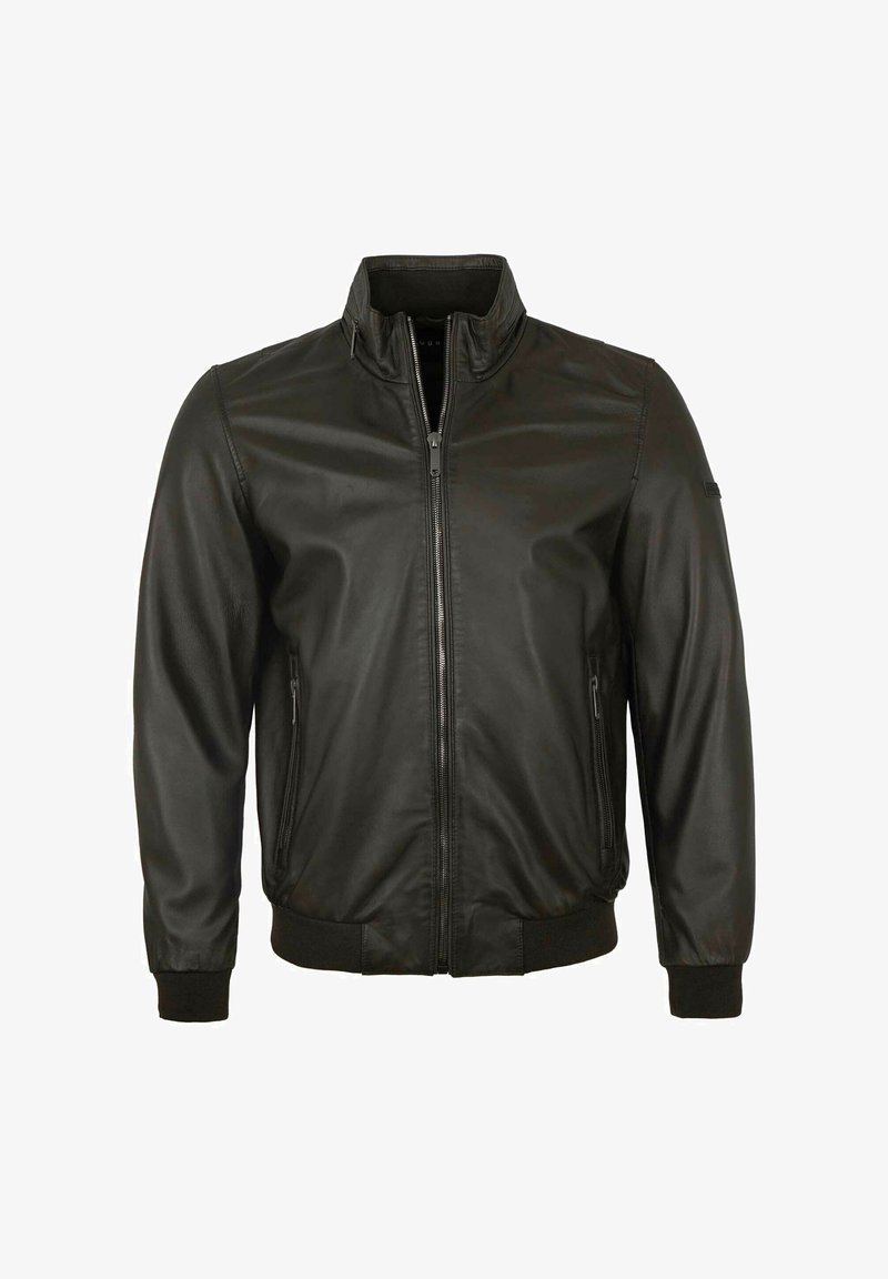 Schwarze Leder-Bomberjacke mit hohem Kragen, Reißverschluss, seitlichen Taschen und gerippten Bündchen. Glatte Textur, taillierte Passform.