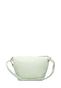 Helles grünes Schultertasche aus glattem Stoff, mit einem Reißverschlussverschluss und einem gepolsterten, gedrehten Henkel. Schlichte, geschwungene Form.