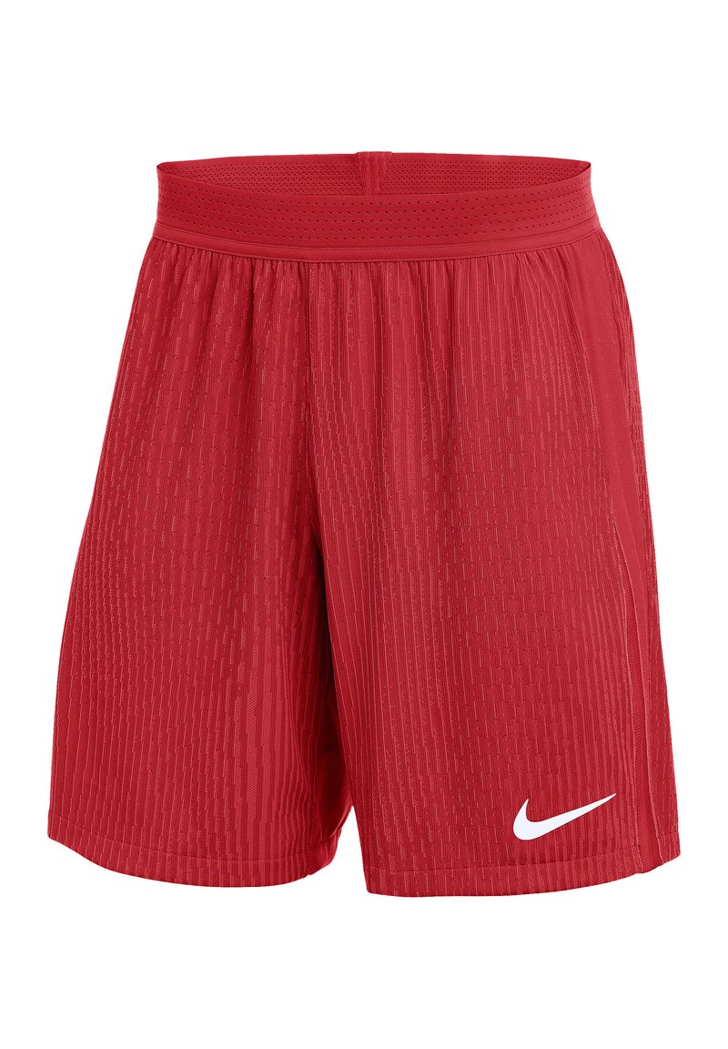 Rote Sportshorts aus strukturiertem Stoff. Mit einem elastischen Bund und einem kleinen weißen Nike-Logo am unteren linken Bein.