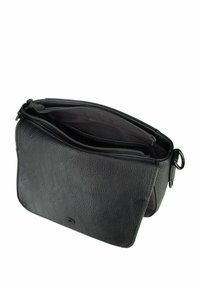 Borsa in pelle nera con superficie texture, dotata di due scomparti con zip e un attacco per una singola tracolla.