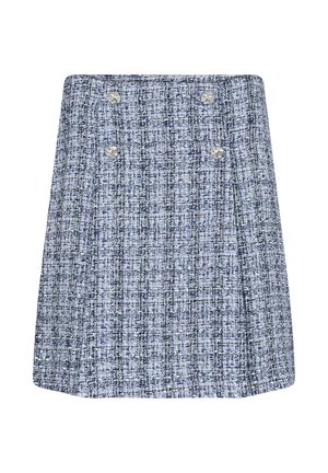 Geweven blauw-wit geruit mini-jurk, met een rechte snit, twee decoratieve zilveren knopen en geplooide details.