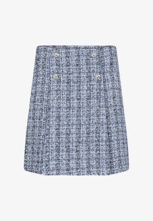 Gewebter Minirock in Blau- und Weißkaros mit gerader Schnittführung, zwei dekorativen silbernen Knöpfen und Fälteldetails.