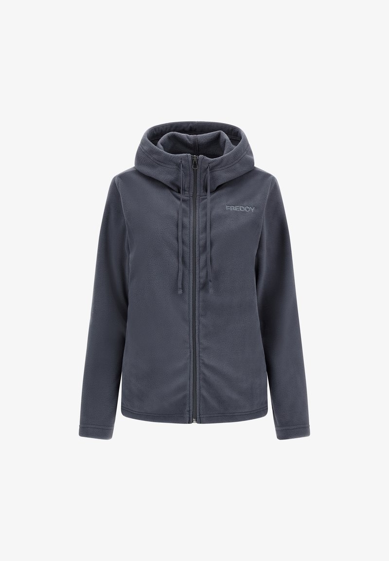 Veste polaire gris foncé zippée avec capuche et cordons, avec le nom de la marque "FREDDY" brodé sur la poitrine.