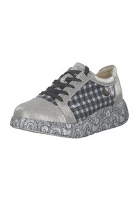 Sneaker argento e nero con finitura glitterata, accenti in tessuto a scacchi, suola decorata e lacci neri. Design con punta tonda.