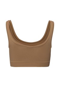 Bralette marrón con canalé, tirantes anchos, escote en forma de scoop y diseño sin costuras. Tejido suave con un ajuste ceñido y banda elástica en la parte inferior.