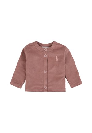 Long-sleeve pink baby cardigan with four flower-shaped buttons and small embroidered giraffe on the left chest.