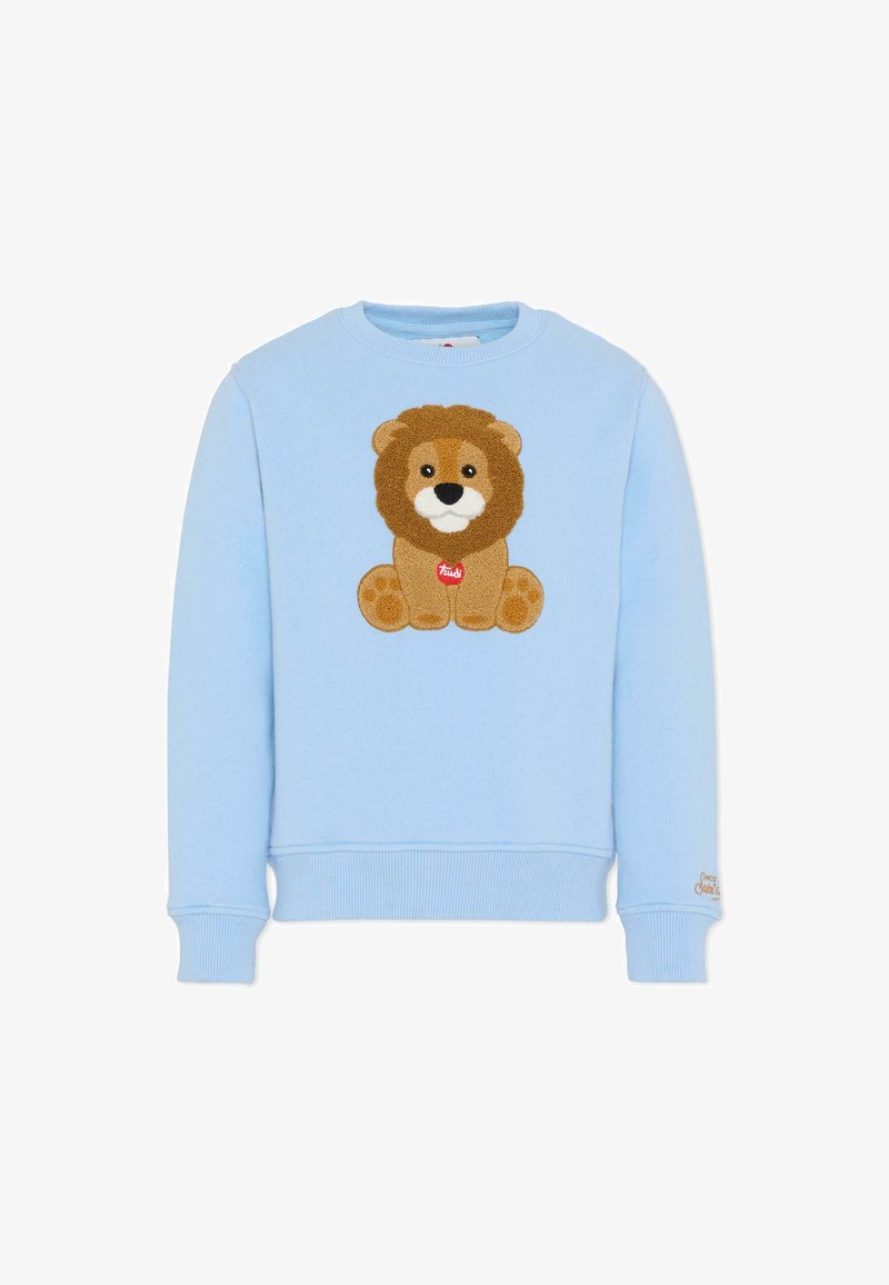 Sweat-shirt bleu clair avec une application en forme de lion texturé marron et des accents beiges sur la poitrine. Poignets et ourlet côtelés. Matière en coton doux.