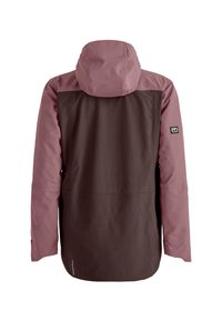 Waterproof jacket with a pink hood and sleeves, dark brown body, smooth texture, and logo detail on the sleeve.