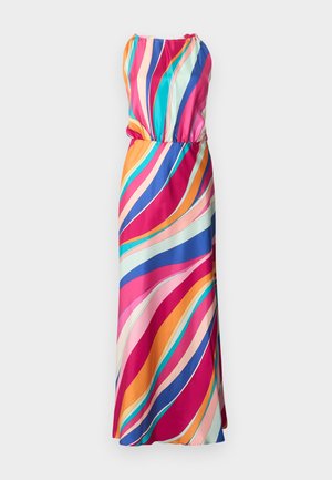 Robe longue sans manches avec des rayures ondulées diagonales multicolores en rose, bleu, orange, sarcelle et crème, avec une taille froncée.