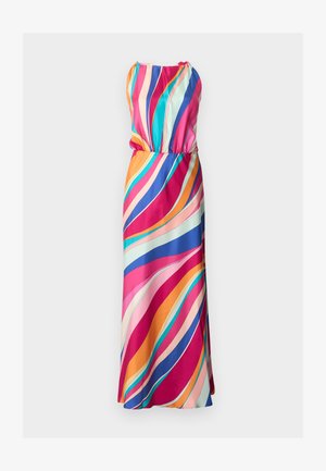 Maxi šaty bez rukávov s diagonálnymi vlnkovanými pruhmi v ružovej, modrej, oranžovej, tyrkysovej a krémovej farbe, s nazbieraným pásom.