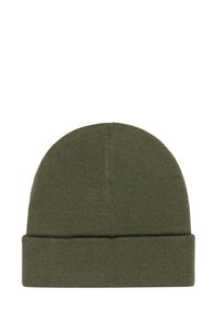 Olive green knit beanie with a folded cuff. Made of soft fabric, featuring a smooth texture and a seamless top for a streamlined look.