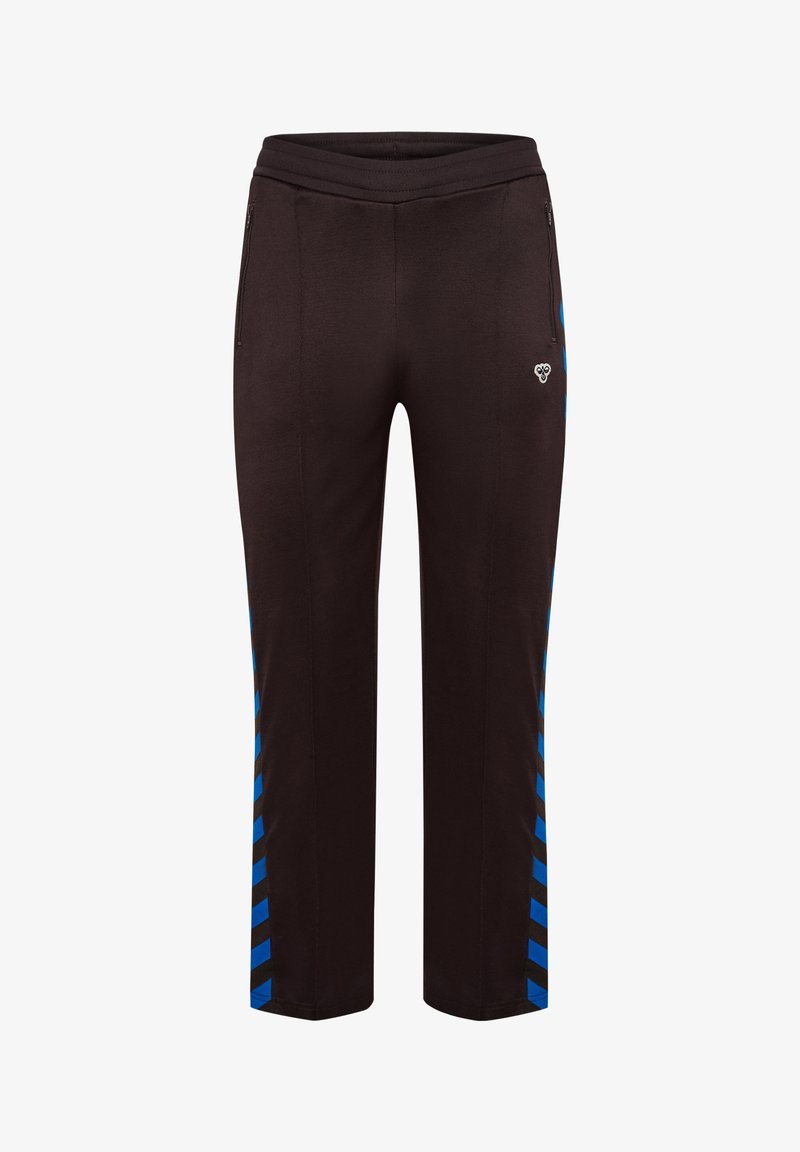 Sorte træningsbukser med blå og sorte diagonale striber langs siderne, med en lynlåslomme og en elastisk talje.