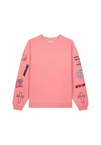 Rózsaszín pulóver kerek nyakkivágással. Grafikai mintákkal díszített ujjak, amelyek tartalmaznak szíveket, szöveget és keresztet. Puha anyagból készült.