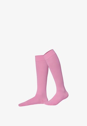 Kniesokken in lichtroze materiaal met een soepele textuur en geribbelde boorden. Ontworpen voor comfort en flexibiliteit.