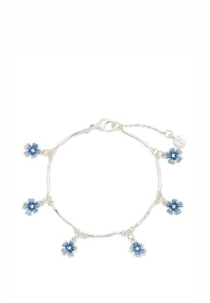 Silver bracelet with a wavy design, featuring five blue and white flower charms. Includes a clasp and adjustable chain for fit.