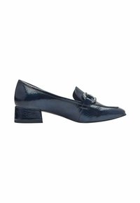 Dunkelblaue Lackleder-Loafer mit spitzem Zehenbereich und niedrigem, quadratischem Absatz. Mit einer dekorativen Schnalle auf dem Rist. Glatte Textur.