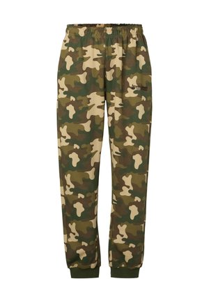 Sweatpants med camouflage-mønster, elastisk talje, ribstrikkede manchetter og lille sort tekstlogo på den øverste del af låret.