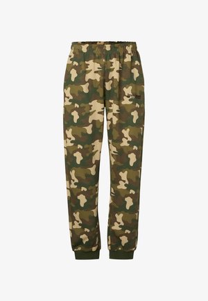 Elastische joggingbroek met camouflagepatroon, geribbelde boorden en een klein zwart tekstlogo op de bovenbeen.