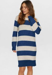 Knit dress featuring horizontal blue and cream stripes, round neckline, long sleeves, and side slits at the hem. Soft texture.