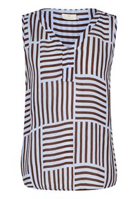 Ärmelloses Top aus hellblauem Stoff mit einem geometrischen Muster aus braunen Streifen. V-Ausschnitt-Design mit einer zentralen Knopfleiste und abgerundetem Saum.