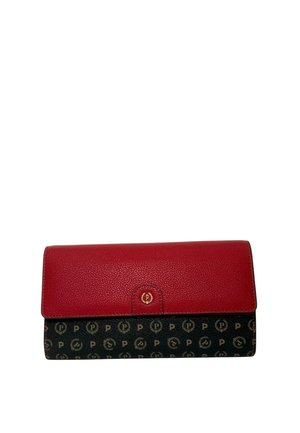 Clutch wallet in pelle rossa a forma di piccole pietre, con una sezione inferiore a motivo nero. Presenta dettagli in oro e un logo in rilievo sulla parte anteriore. Design compatto.